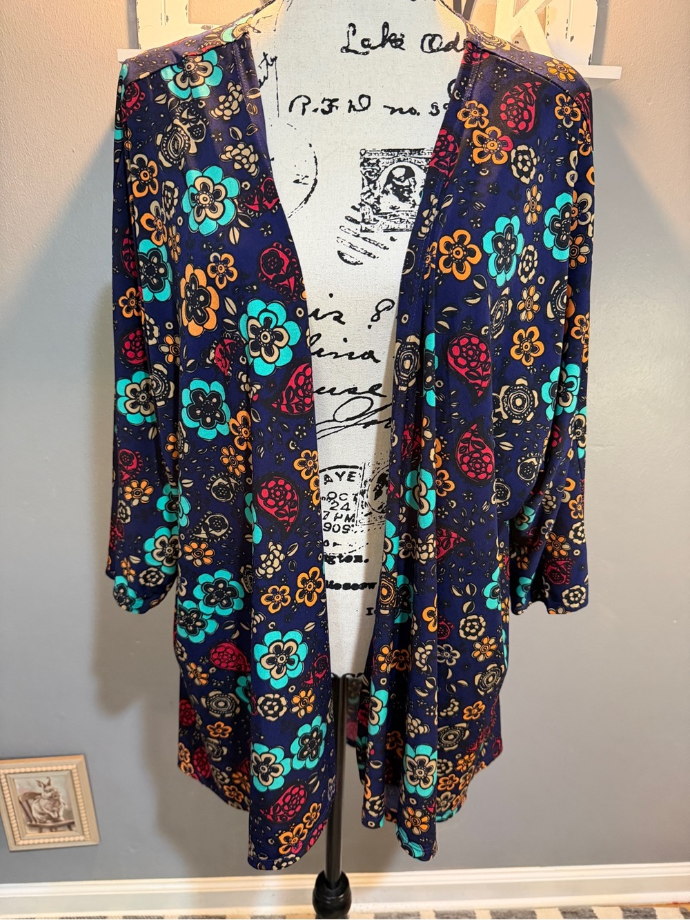 LULAROE NAVY FLORAL OPEN FRONT CARDIGAN SZ L